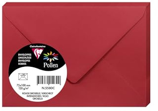 Clairefontaine 5580C Paquet de 20 Enveloppes Mini Format 7,5x10 Rouge Groseille -120g/m² - Fermeture gommée - Invitation Evènements et Correspondance - Gamme Pollen - Papier Lisse