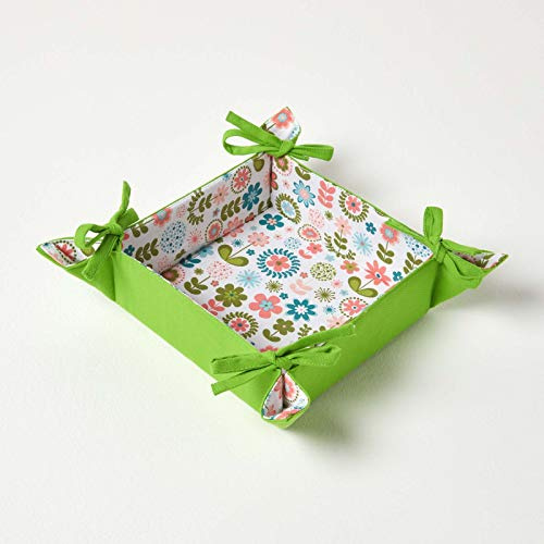 Homescapes Frühstückskorb mit Wende-Design ‚Retro-Blumen‘, Brötchenkorb faltbar, Brotkorb eckig aus Stoff, Faltkörbchen Baumwolle