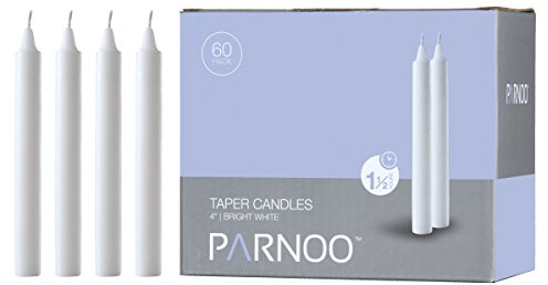 White Taper Candles - Set of 60 Dripless Chimes Candles - 4 inch Tall, 1/2 inch Diameter - 1.5 Hour Clean Burn