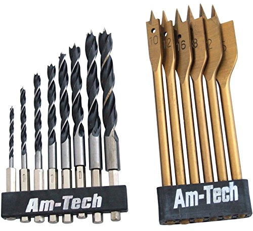 S9Q14-14pc HEX Shank Wood Drill Set 6pc Titanium Wood BITS & 8pc Carbon Steel Wood BITS