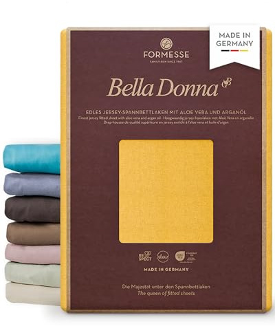 Formesse – Bella Donna Jersey. Edles Jersey-Spannbettlaken 140x190-160x220 cm - bis 30cm Höhe - 97% Baumwollzwirn, 3% Elastan, Aloe Vera und Arganöl/Spannbetttuch aus Deutschland - Goldgelb | FORMESSE Farbe Goldgelb; 140x190-160x220cm, bis 30cm; 97% Baumwollzwirn, 3% Elastan; Aloe vera&Arganöl, intensive Farben