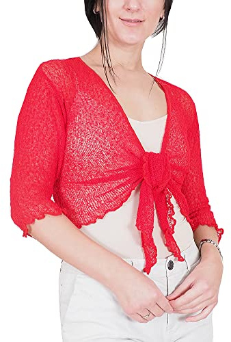 Mimosa Dambolero i virkat glitter eller i vanlig stretchspets, fisknät, baliknut i midjan, öppen cardigan, Röd, One Size (Stor)