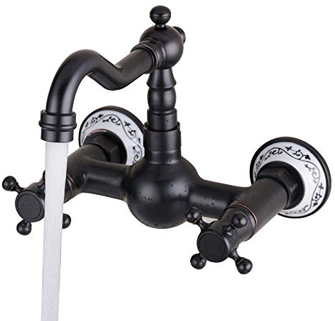 HomeLava Vintage Küchenarmatur Wandmontage Messing Schwarz Antike Badezimmer Waschtischarmaturen mit Zwei Griffe Öl-rieb Bronze
