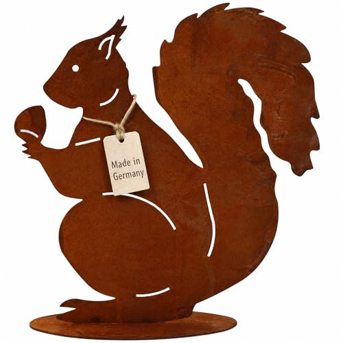 Rostikal Edelrost Gartendeko, Eichhörnchen-Dekofigur aus Metall, 32 x 30 cm, auf ovaler Bodenplatte 21 x 7 cm, handgefertigt in Bayern, Made in Germany, Filigrane Laserschnitt-Details