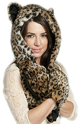 Cheerlife Fell Mütze Damen Kapuzenschal Kunstfell Tiermütze mit Ohren Handschuhe Schal Wintermütze Tiger (Leopard)