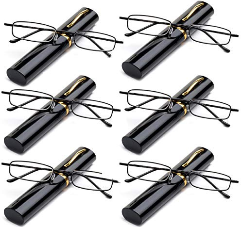 Newbee Fashion Reading Glasses 6 Packs Pocket Readers Ultra Compact Spring Portable Pocket Aluminum Tube Black +2.25
