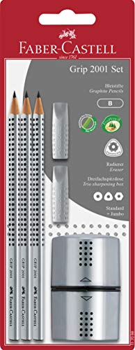 FABER-CASTELL 117098 - Set d'écriture GRIP 2001 argent, set scolaire avec 3 crayons, 2 gommes et 1 taille-crayon