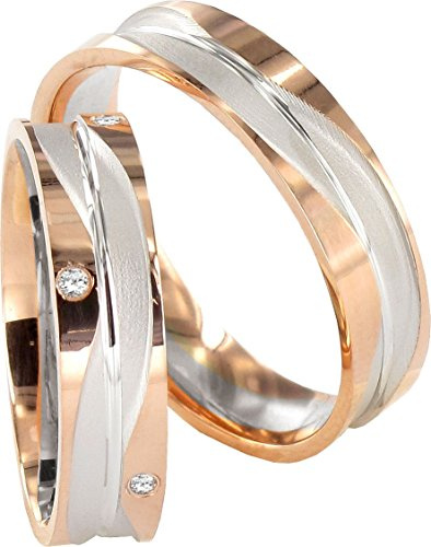 JC Trauringe 2 Hearts Collection 333 Gold 8 Karat Rot- & Weißgold I Eheringe m. kostenloser Gravur I Verlobungsringe 5mm inkl. Etui-Box I Damenring mit Zirkonia-Steinen I Gr. 48-72 I J137