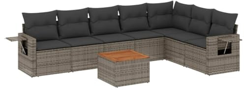 PUGYNBK Set di divani da giardino da 8 pezzi con cuscini in polyrattan grigio, divano da giardino modulare in rattan sintetico, gruppo di sedute con borsa impermeabile e tavolo in legno di acacia