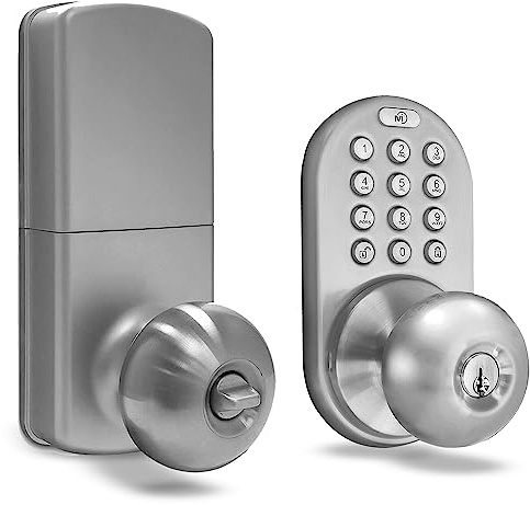 MiLocks TKK-02SN Digital Door Knob with Keypad - Keyless Entry Knob Lock with Code - Interior Door Keypad Lock for Bedrooms & Storage Rooms, Adjustable Latch, Auto-Locking Audible Alert, Satin Nickel