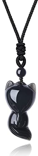 COAI Collana Unisex con Ciondolo Volpe Portafortuna in Ossidiana Nera, Collana Ossidiana Pendente Pietra Naturale con Laccio Regolabile per Uomo e Donna