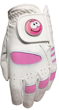 JUNIOR GIRLS PINK GOLF GLOVE. SIZE MEDIUM. PINK HAPPY GOLF BALL MARKER. RIGHT HAND GLOVE FOR A LEFT HANDED GOLFER.