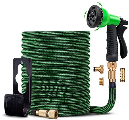 TIBBERS Manguera Extensible para Jardín (Hasta 15m) con Pistola de Riego de 8 Modos y Adaptadores de 20 mm y 25 mm (1/2'' y 3/4''), Conector para Grifos Domésticos, Manguera de 3x Extensible, MAN016