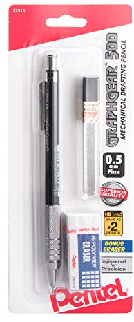 Pentel GraphGear 500 Mechanical Drafting Pencil, (0.5mm), Fine Line, Refill Lead and Mini Eraser (PG525LEBP)
