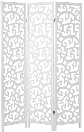 Homestyle4u Paravent Raumteiler Innen 3 teilig Weiß Trennwand Sichtschutz Kiefer Holz Ornamente | Artikel 895