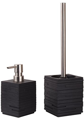 Modernes Badezimmer Set, Seifenspender mit passender WC Bürste, hochwertiger Kunststoff, Elegantes Design, pflegeleicht, Calero Black Set