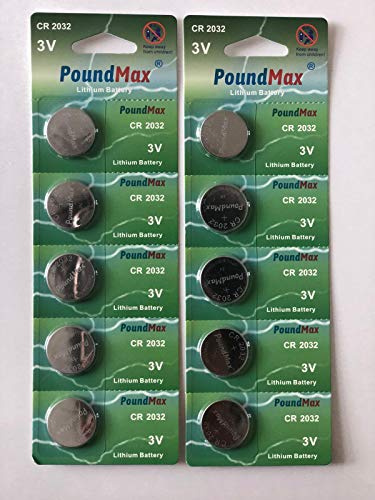 Poundmax Piles Bouton Lithium CR2032 3V, Lot de 10, 20mm x 3,2mm, pour Alarmes de Voiture, Porte-clés, Montres, Calculatrices