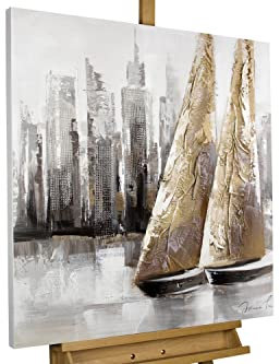 KunstLoft Leinwandbild | 100% HANDGEMALT | 80x80cm | Gemälde 'Mit dir um die Welt' | Schiffe & Boote | Grau | Wandbild Wohnzimmer