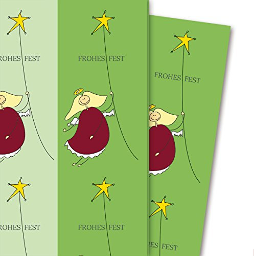 Streifen Weihnachtspapier/Geschenkpapier Sternen Engel, grün (4 Bögen, 32 x 48 cm) Dekorpapier, Papier zum Einpacken, für tolle Geschenk Verpackung und Überraschungen