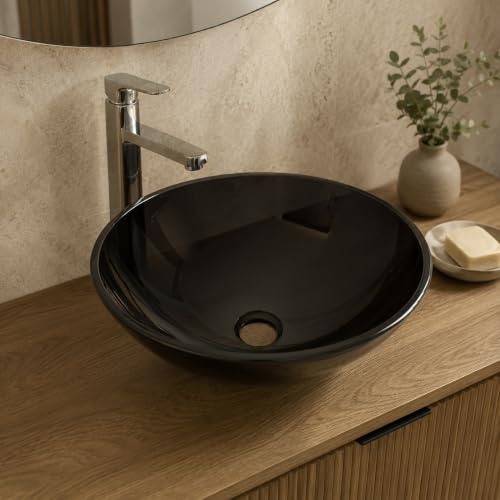 Art-of-Baan Premium Waschbecken rund - edles Aufsatzwaschbecken - schwarz Glas Becken für Waschtisch - Waschschale - 420 x 420 x140 mm