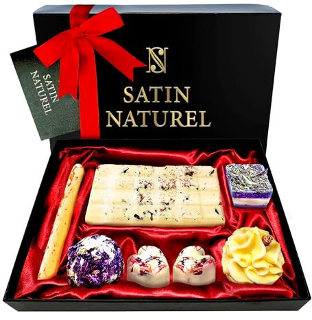 Satin Naturel 7 Luxuriöse BIO Badebomben Vegan für 14 Bäder - Geschenk für Sie - Wellness Geschenke für Frauen - Geburtstagsgeschenk für Frauen - Frauentag Geschenk
