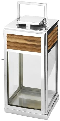 Fink Windlicht 51 cm aus Edelstahl & Teakholz braun Laterne für den Innen- & Außenbereich