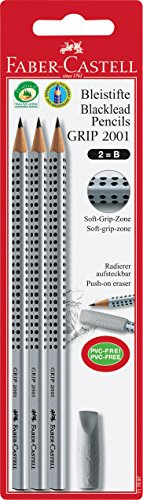 Faber-Castell 117097 - Set di matite GRIP 2001, grado di durezza B, 3 pezzi con una gomma
