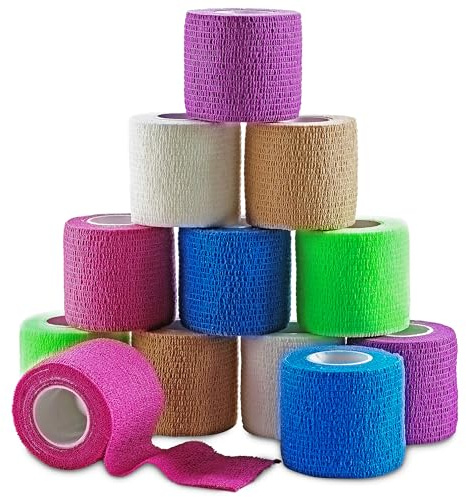 MEDca Selbstklebende Kohäsive Wickel Bandagen 5 cm x 4,5 m 12 Stück mit Starkem, Elastischen Erste Hilfe Band für Verstauchungen Schwellungen und Schmerz an Handgelenk und Knöchel (Regenbogenfarben)