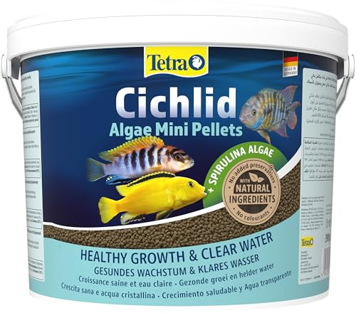 Tetra Cichlid Algae Mini Pellets (Hauptfutter mit Spirulina Algen für die besonderen Ernährungsbedürfnisse von kleineren, alles- und pflanzenfressenden Cichliden), 10 Liter Eimer