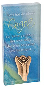 Glasquader/ -stele Engel | Deko-Kristallglas mit Schutzengel-Figur, Gold-Inschrift & blau-grünem Farbverlauf, würdevolles Trauergeschenk für