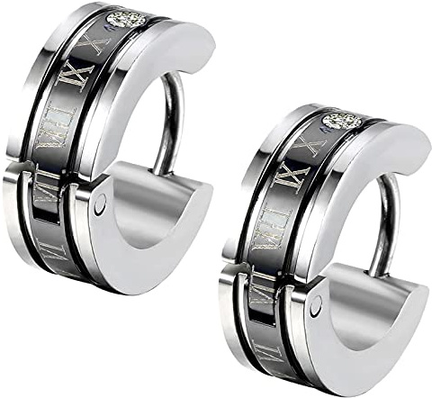 Flongo men's earrings stainless steel romantic lettering pattern circle shape black for Christmas Valentine's Day Black