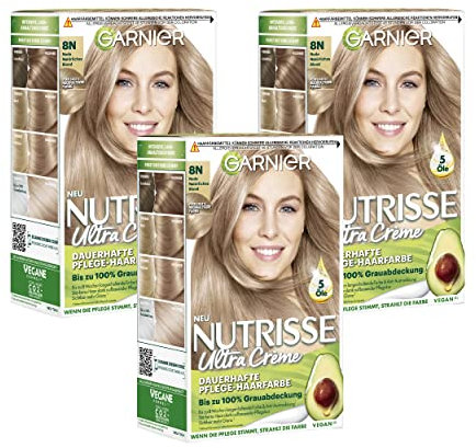 Garnier Nutrisse Dauerhafte Pflege-Haarfarbe mit nährenden Fruchtölen, Coloration mit 8 Wochen Halt, Ultra Crème Tönung, 8N Nude Natürliches Blond