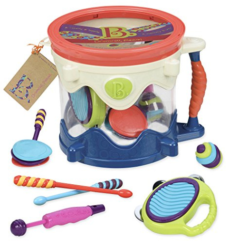 B. toys - ¡Redoble de Tambores, por Favor! - Batería portátil - Instrumentos Musicales para niños - Juguete de percusión para niños pequeños - Pandereta, Castañuelas, Silbato - 18 Meses+