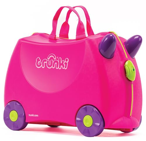 Trunki Der originale Kinderkoffer zum Draufsitzen - 18-L Handgepäck Koffer, befahrbarer Hartschalen Reisekoffer mit Rollen, inklusive Zuggurt/Schultergurt, Pink (Trixie)