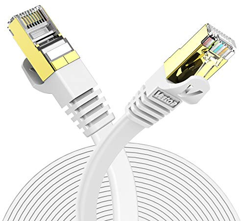 Veetop Lan Kabel Cat 7 Netzwerkkabel Ethernet Kabel Flach mit 10 Gigabit/s Übertragungsrate Internetkabel mit vergoldetem RJ45. 50m Weiß