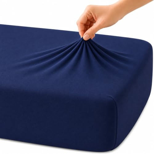 Family Bedding Deep Fitted Sheet, 100% Jersey Cotton, Navy Blue, Single | 30cm Elasticated Pocket, Fits 90x190cm to 100x200cm, Breathable Fabric
