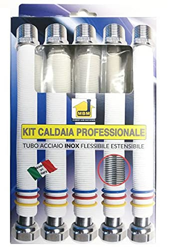 Mega Promo Kit Boiler Gas Water Hose N 2 1/2 3/4 N 3 200/400 mm Extendable Stainless Steel unisuper Norma Uni 11353 DM 174 White with Three Rings Identification of the use in steel boiler/Cooker