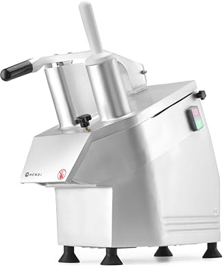 HENDI Gemüseschneider, Set inklusive 5 Schneidscheiben, Auswerferscheibe, Reinigungsbürste, Drücker, geeignet für großes und kleines Gemüse, 2 Eingänge, 230V/550W, 590x240x(H)510mm, Aluminium