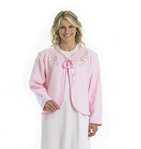 Slenderella Ladies Soft Polar Fleece Ribbon Tie Bed Jacket Floral Embroidered Detail House Coat