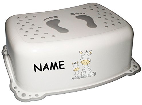 alles-meine.de GmbH Anti RUTSCH - Tritthocker/Trittschemel/Kindersitz - Zebra - weiß - incl. Namen - auch für Toilettentrainer - für Kinder Mädchen Jungen - Bad Kunststof..