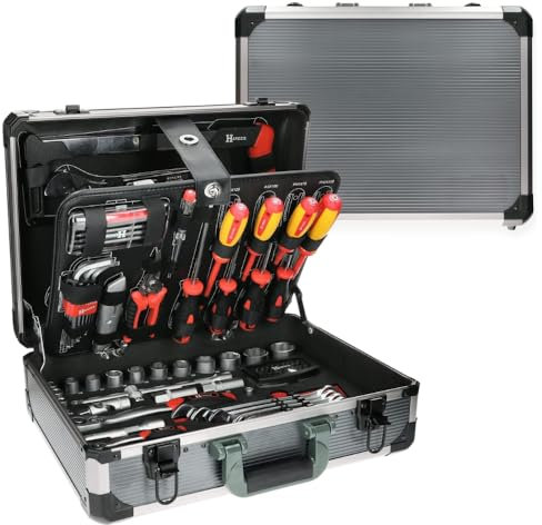Caisse à outils complète pour le quotidien, 121 pièces, Pinces et coupe-tout, Scie, tournevis et Clés mixtes, Outillages à main, Douilles et accessoires en 1/4, 1/2 - Multiples embouts
