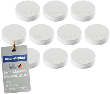 magnetoplan Ergo-Magnet 10er-Pack Whiteboard-Magnete, Pinnwandmagnete, Magnetpunkte für die Schultafel, Kühlschrankmagnete und Pinnwände | 11 Farben, 30 x 8mm - weiß