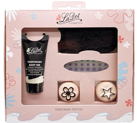 Temporäres Tattoo Set S – Stern und Blume – für Kinder und Erwachsene Inhalt: Stempelkissen, schwarze Tattoo-Tinte, Klebe-Strasssteine, 2 Tattoo-Steine Größe S.