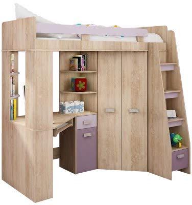 FurnitureByJDM Hochbett mit Schreibtisch, Schrank und Regalen | Komplettes Möbelset (120x204 cm) Kinderbett 80x200 cm mit Stauraum - Treppe Rechten Seite (Eiche Sonoma/Lavendel/Violett)