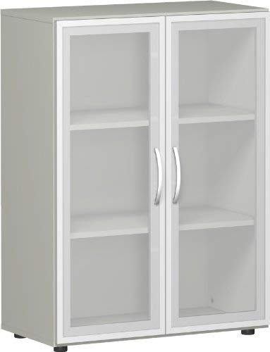 Gera Möbel S-383802-LG Glasflügeltürenschrank Mailand 3 OH mit Holzrahmen und Standfüßen, 80 x 42 x 110,4 cm, lichtgrau