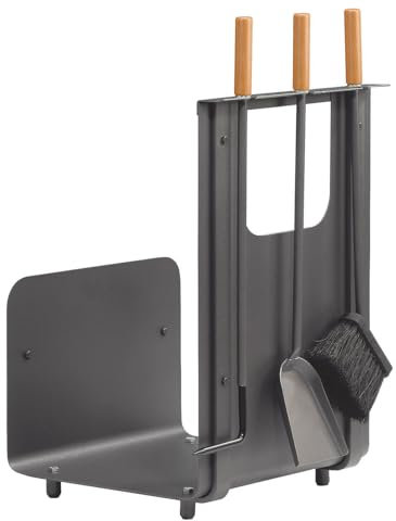 raik Kaminbesteck mit Holzkorb anthrazit – 3-teiliges Kaminzubehör aus Edelstahl mit Buchenholzgriffen, Schaufel, Besen, Schürhaken, integrierter Holzaufbewahrung, Maße 370x670x370 mm