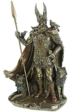 Veronese by Joh. Vogler GmbH Odin figure, 25 cm, bronze-plated – Nordic gods sculpture of Wodan with spear, ravens and wolves polyresin decorative statue – Viking mythology