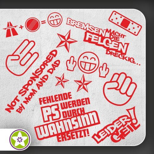 Kiwistar Sticker Bomb Set 1 rot - Bogen: A4 Bremsen…Felgen…, Shockerhand, Autobahnfreak, Fehlende PS…, Leider Geil. Auswahl Sammlung Aufkleber Scheibe Tuning Decal