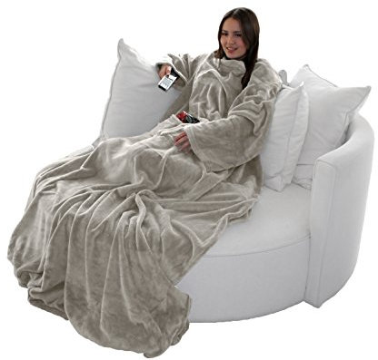 Brandsseller, soffice coperta TV con maniche, in effetto cashmere, sacco copripiedi e 2 tasche per smartphone/telecomando e molto altro ancora, Poliestere, sabbia, 170 x 200 cm