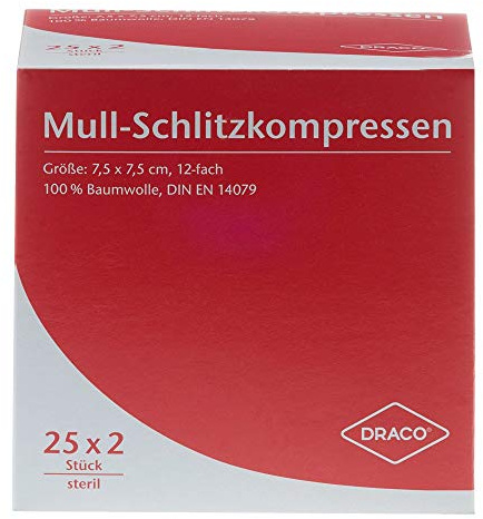 SCHLITZKOMPRESSEN Mull 7,5x7,5 cm steril 12fach 25X2 St